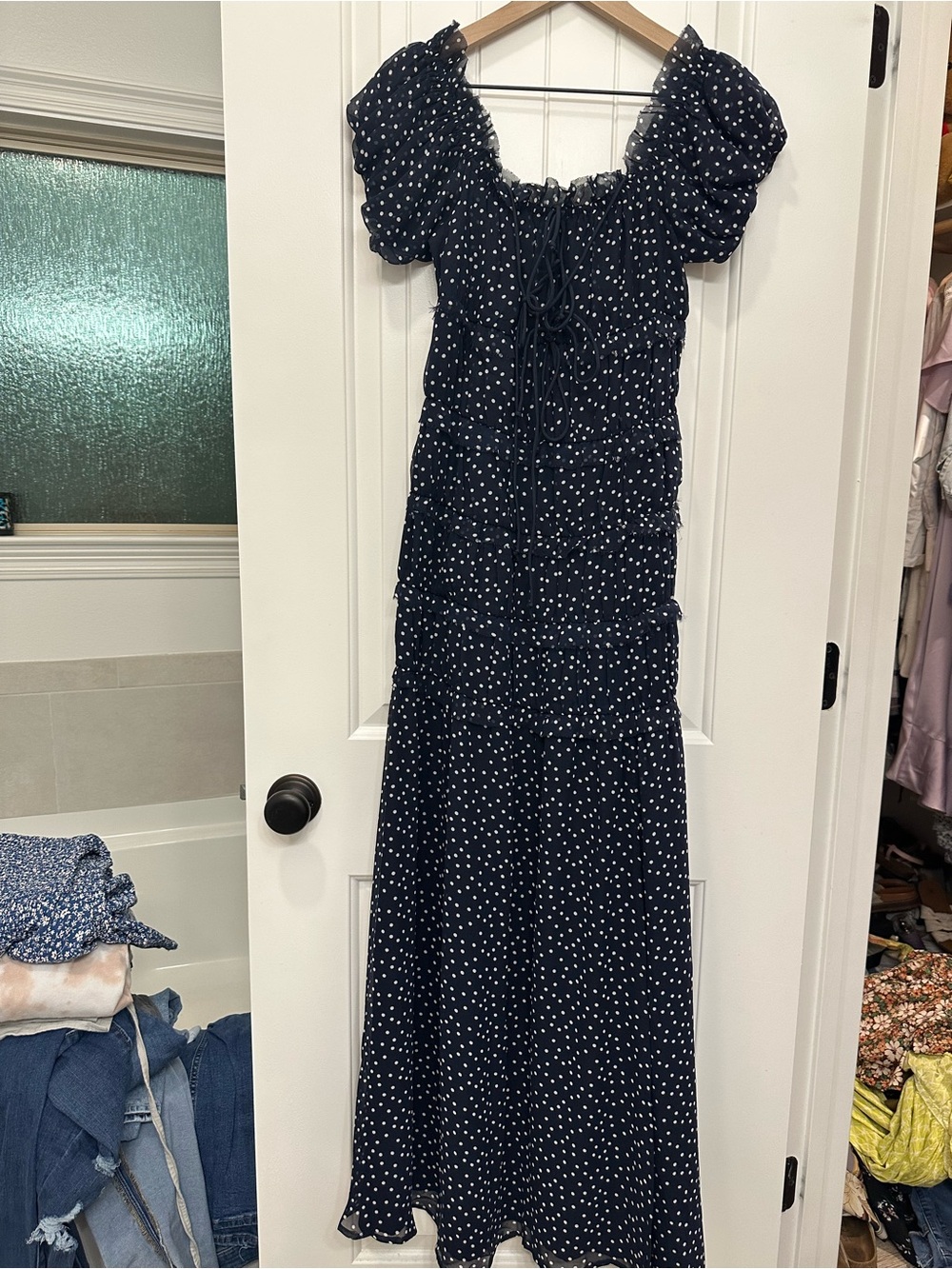 ASOS Navy Polka Dot Maxi Dress with Puff Sleeves